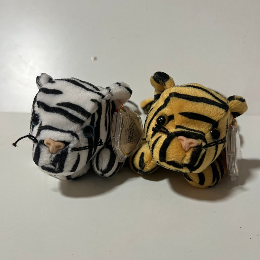 Ty Beanie Babies Blizzard White Tiger + Stripes Orange Tiger Set of 2 with Tags